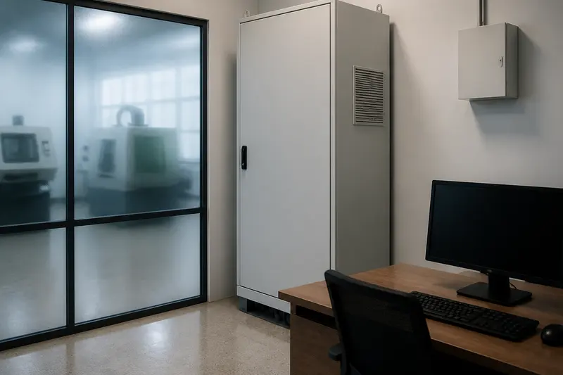 Dust-protected manufacturing ERP cabinet.