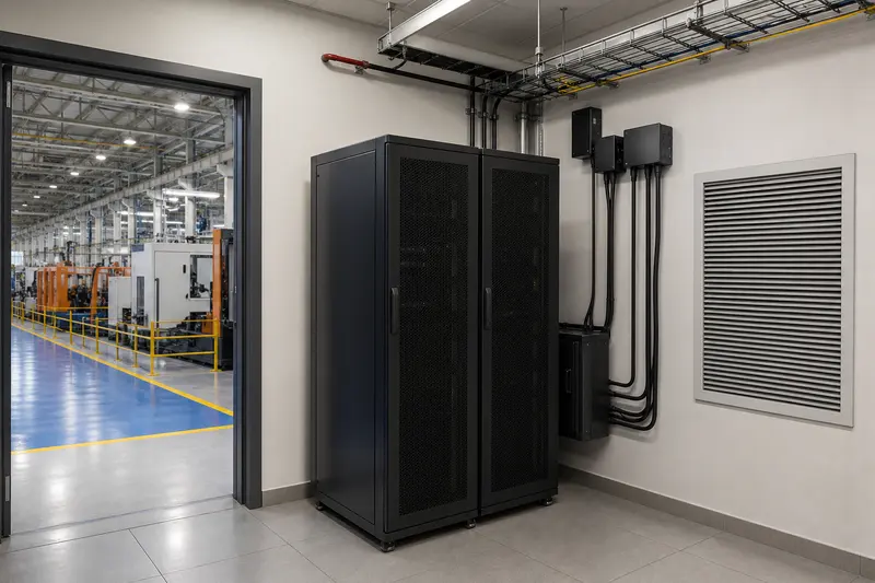 Factory edge-server room with redundant power and production floor context.