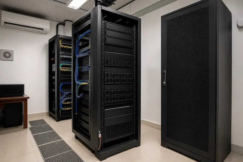 Hotel back-office server room with NAS and service clearance.