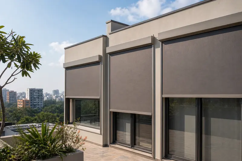 Exterior zip screens reduce solar gain across a contemporary Indian facade.
