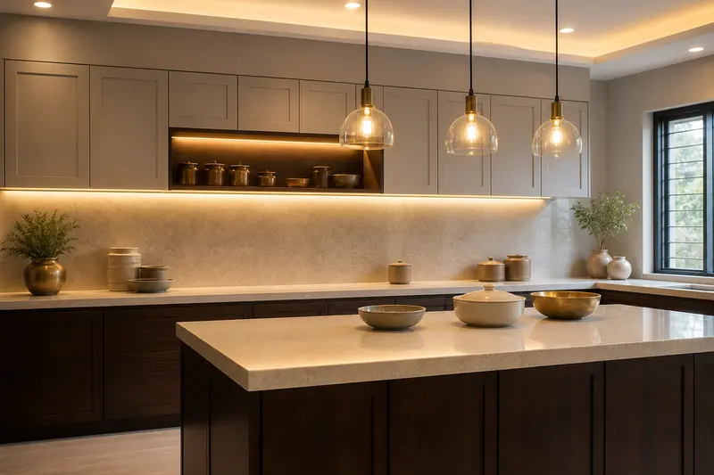 Indian kitchen demonstrates layered task, ambient and accent lighting without branded appliances.