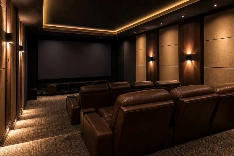 Home theatre uses layered cove, aisle and wall-wash lighting for controlled ambience.