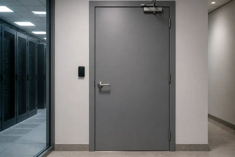 Server-room door with concealed electronic mortise and latch-side reader.