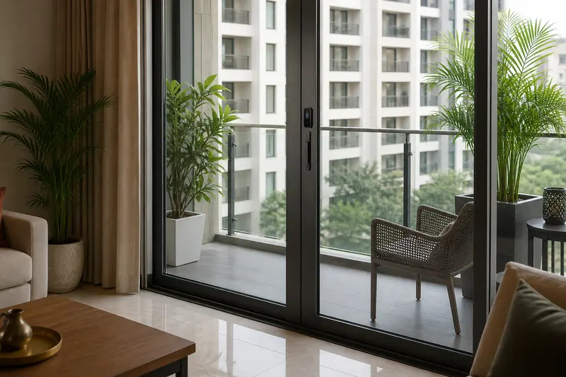 Sliding balcony door with integrated multipoint smart lock.