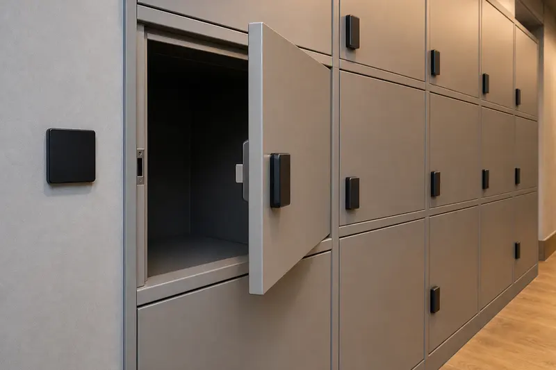 Electronic personal-storage compartments with visible lock engagement.