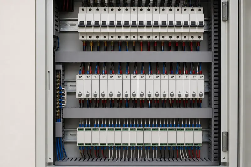 Residential central switching cabinet organizes protected relay modules and field wiring.