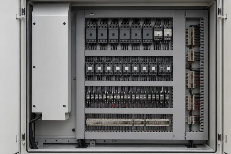 Commercial contactor and relay panel provides central switching for larger loads.
