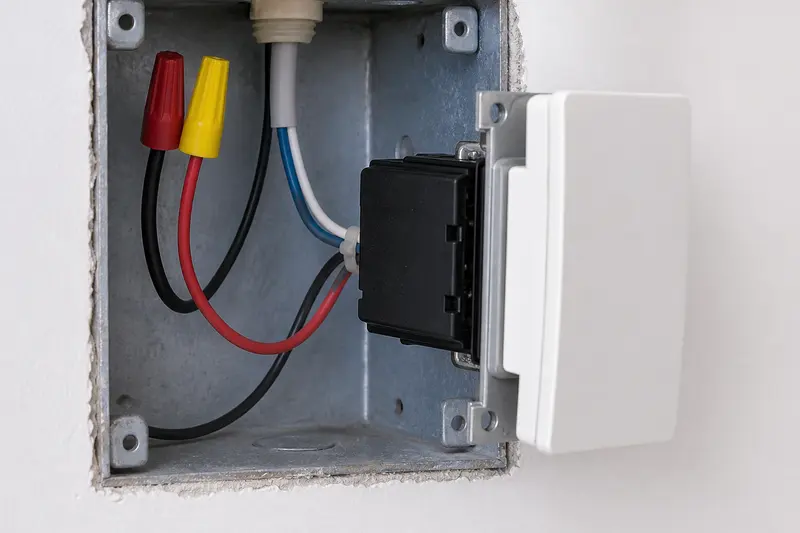 De-energized deep wall box shows a compact relay fitted behind a manual switch.