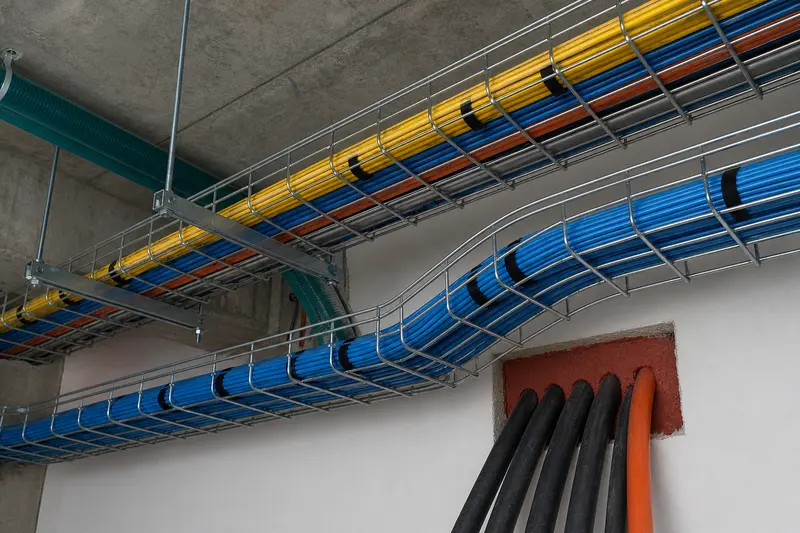Supported data cable trays coordinated through a commercial ceiling void.