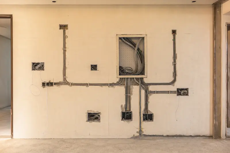 Pre-wire stage media wall with conduit and draw wires.