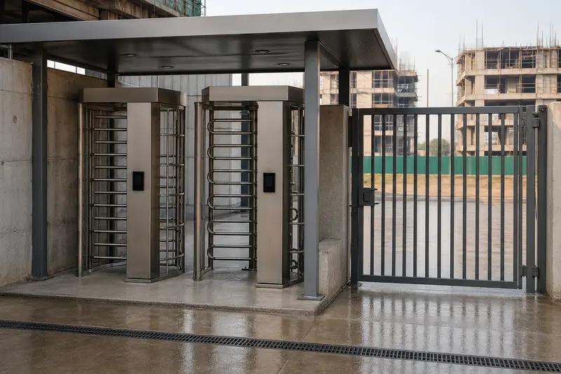 Construction entrance with full-height turnstiles and accessible gate.