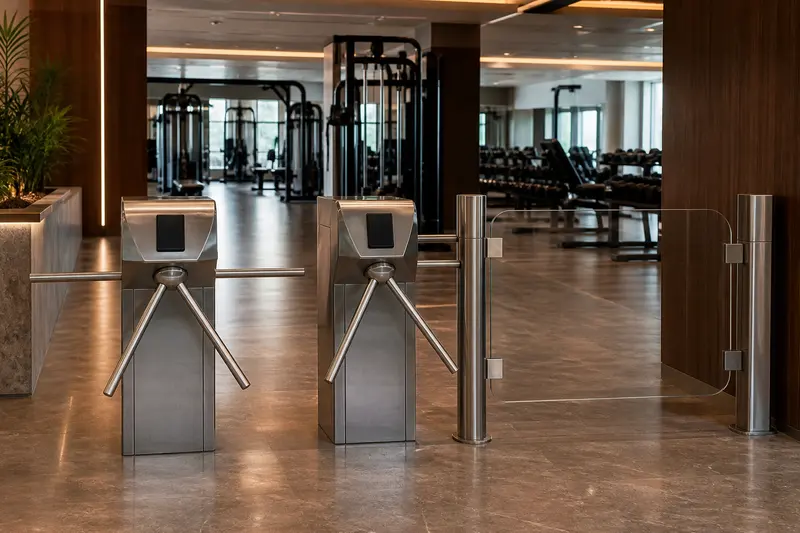 Empty fitness-club tripod turnstiles with accessible gate.