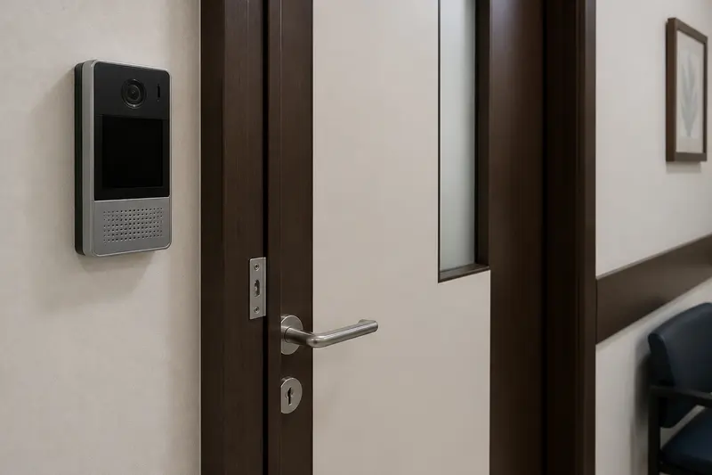 Clinic SIP door phone at a staff-only doorway.