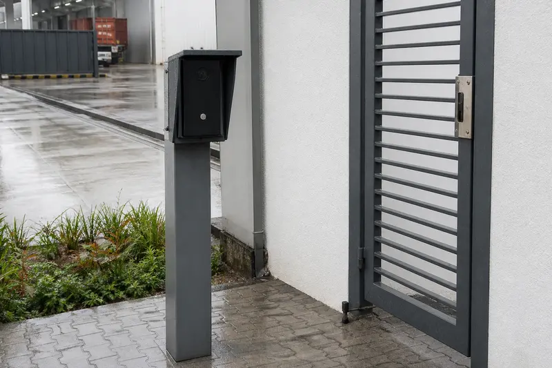 Weather-protected warehouse-gate intercom on safe pedestal.
