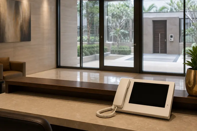 Concierge master station linked conceptually to lobby entrance.