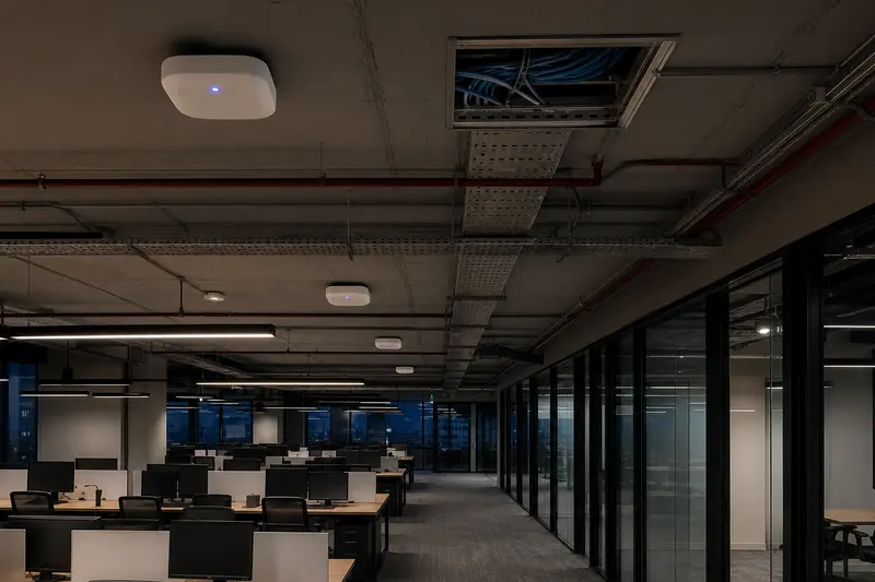 Long coworking floor with distributed access points and exposed cable tray.