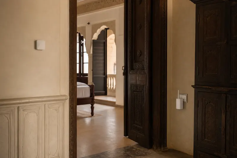 Jaipur haveli interior uses discreet wireless temperature sensing and mesh repetition.