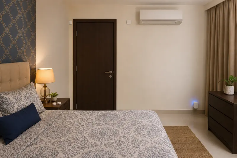 Bedroom wireless retrofit combines tactile buttons, contact sensor, temperature sensor and repeater.