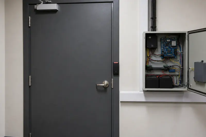 Secure records-room door beside a low-voltage access controller and backup batteries.