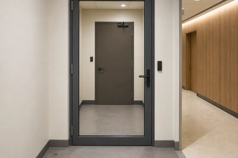 Glass access door with latch-side credential reader.