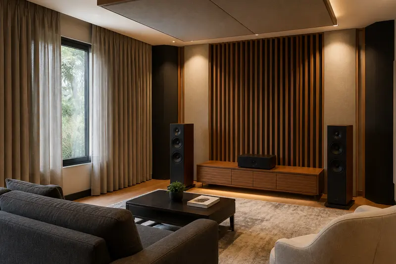 Finished listening room with absorbers, timber slats, ceiling cloud and soft furnishings.