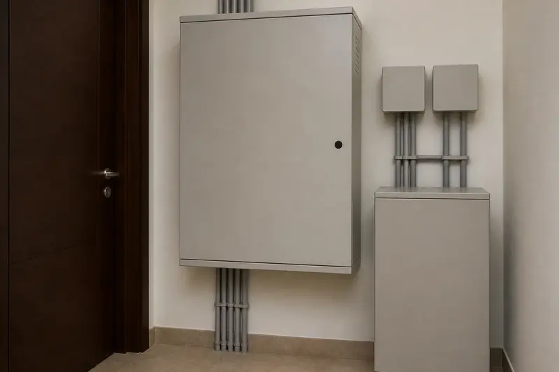 Secure local home-automation and UPS cabinets with separated utility cabling.