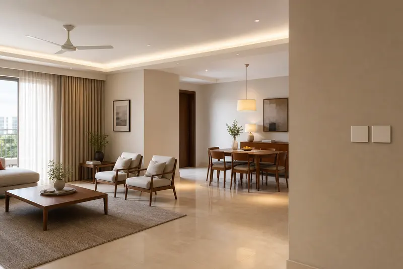 Accessible Indian apartment with low-height tactile controls and motorized curtains.