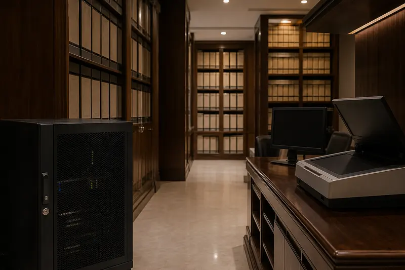 Legal archive, local retrieval server and scanner station.