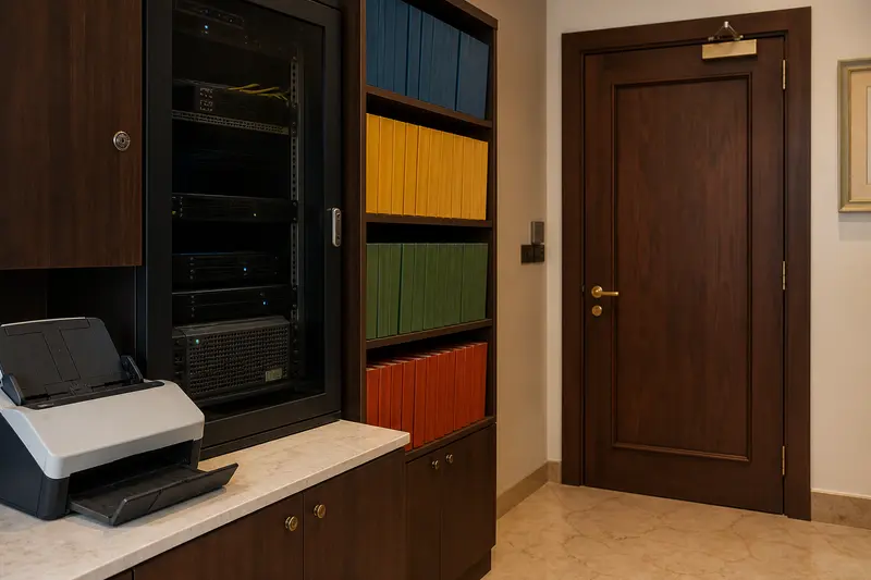 Hotel operations knowledge cabinet, scanner and private server.