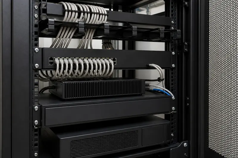 Edge-analytics rack with PoE, inference, storage and UPS chain.