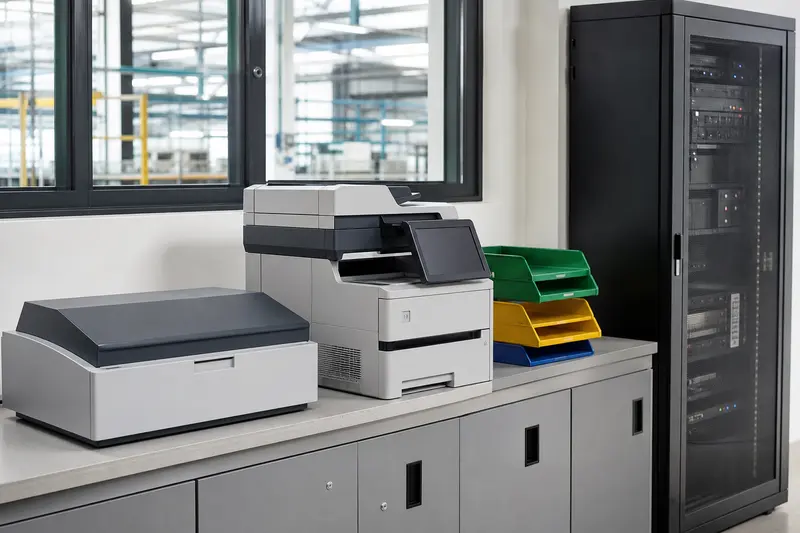 Manufacturing admin document-routing hardware and secure server rack.