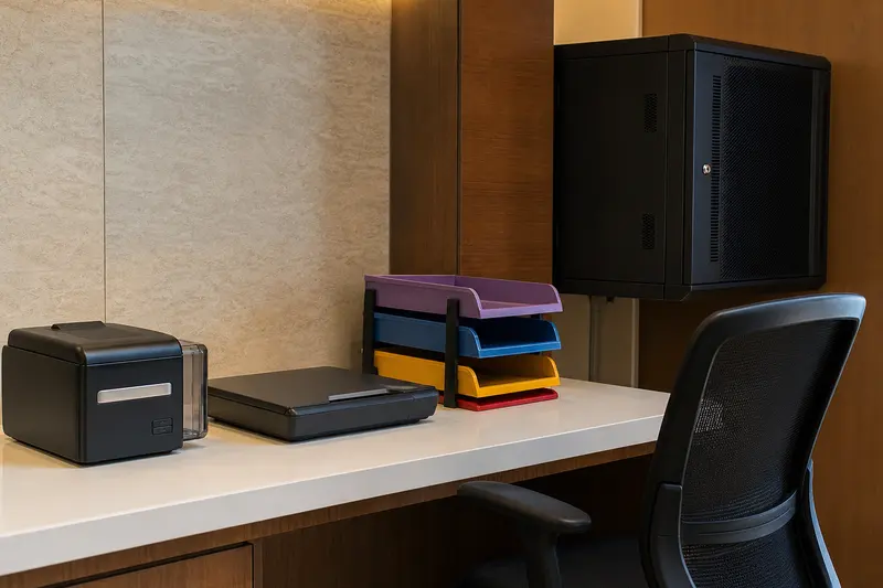 Hotel workflow station with blank encoder, scanner and wall cabinet.