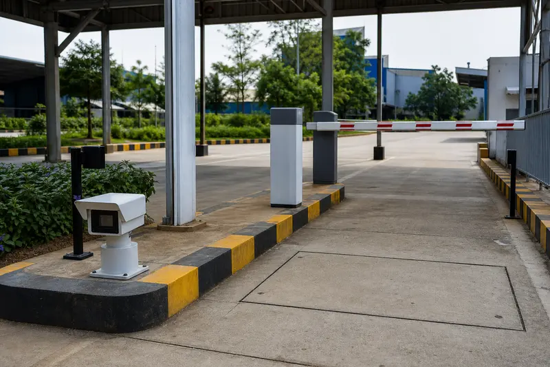 Industrial exit sequence of plate camera, loop and downstream barrier.