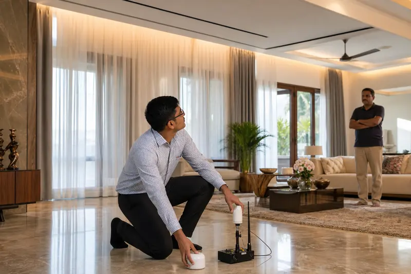 Consultant measures wireless and daylight conditions in an occupied Indian villa.