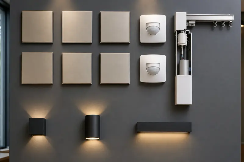 Design-studio mock-up compares blank tactile plates, sensors, curtain motor and lighting samples.
