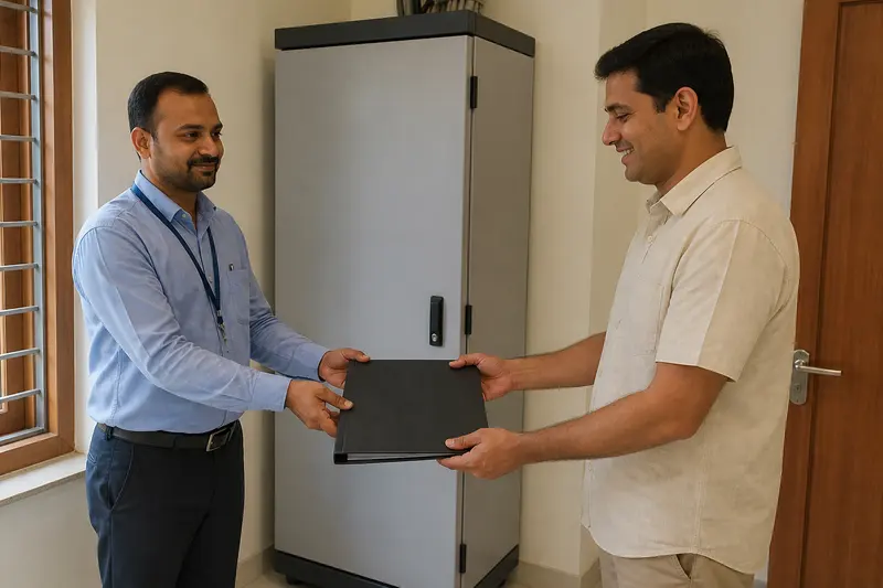 Commissioning engineer hands over a blank closeout binder beside a closed automation cabinet.