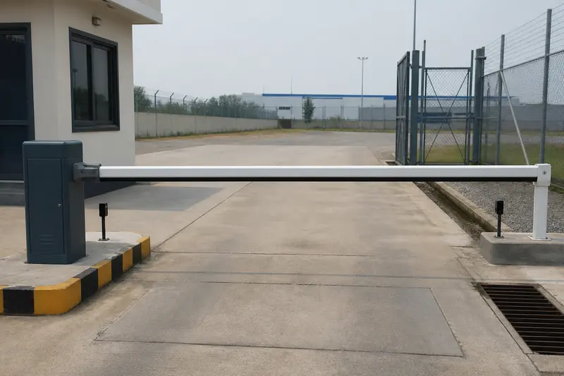 Single supported long-arm logistics barrier with industrial safety devices.