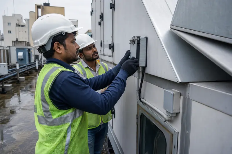 Rooftop technicians inspect an AHU sensor and actuator assembly.