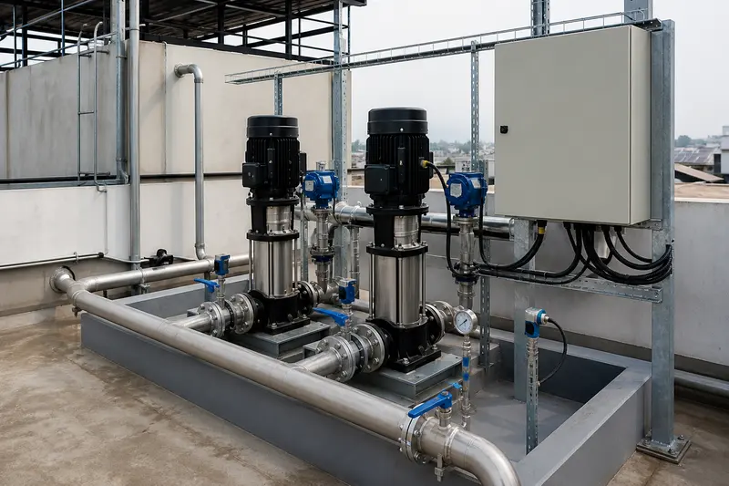 Rooftop water-booster plant shows automated pumps, pressure vessels and controls.