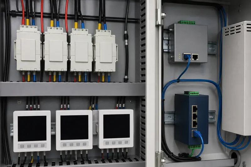 Building energy monitoring station overlooks distribution equipment with displays switched off.