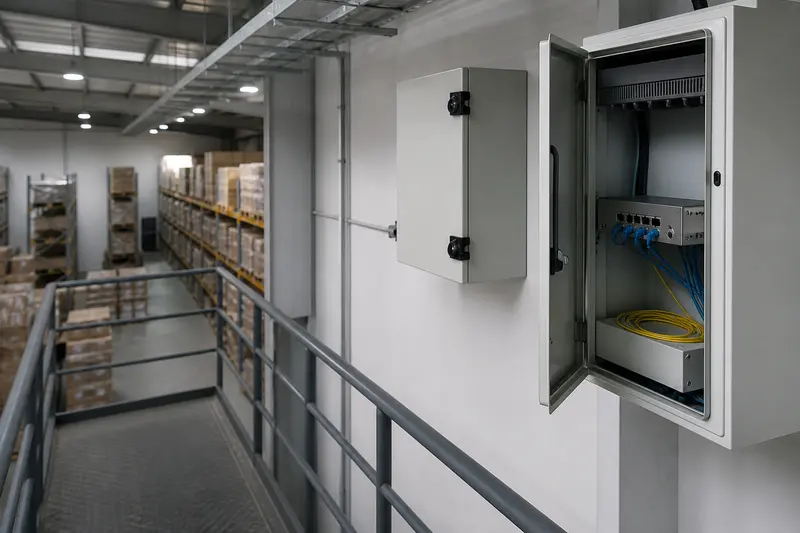 Warehouse mezzanine network cabinet and fibre distribution route.