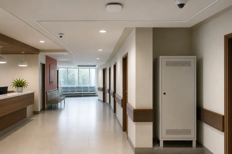 Clinic corridor network cabinet with ceiling wireless and security endpoints.