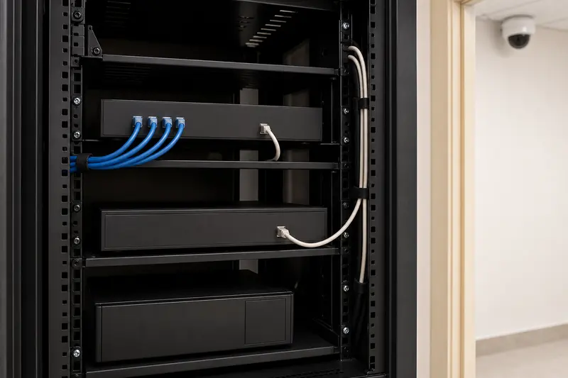 Small-office camera-to-PoE-switch-to-NVR rack topology.