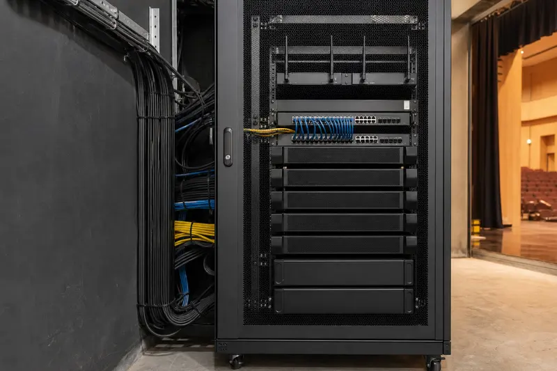 Backstage locked rack supports auditorium network, processing and amplification.