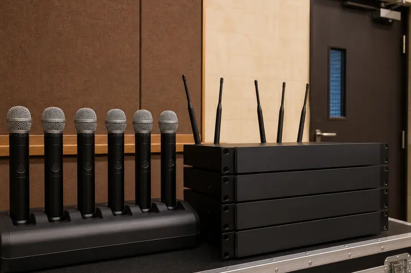 Six wireless handheld microphones charge beside blank auditorium receivers.