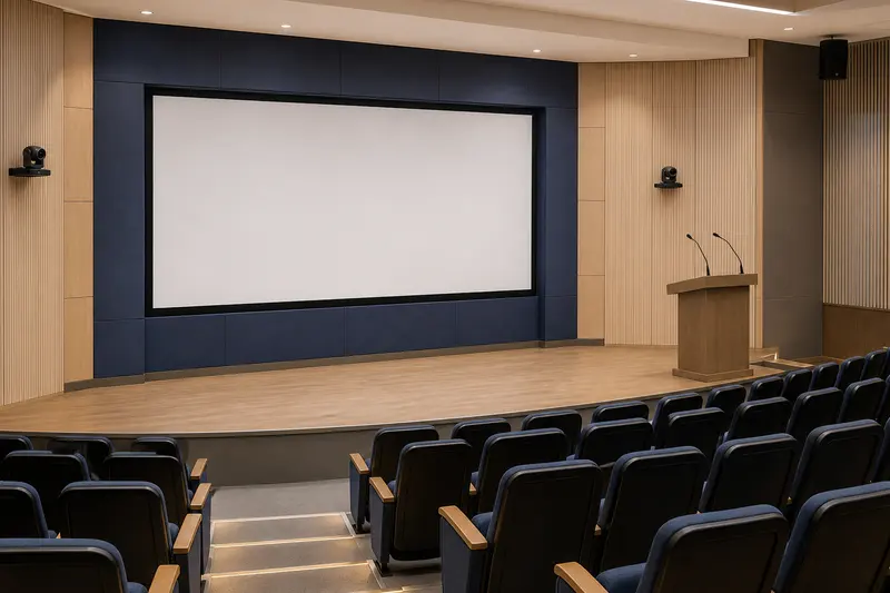 Hybrid training auditorium combines two PTZ cameras, ceiling audio and lectern microphones.