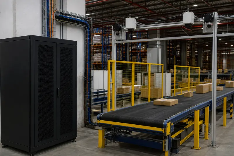 Distribution-centre conveyor inspection zone with closed edge rack and overhead sensors.