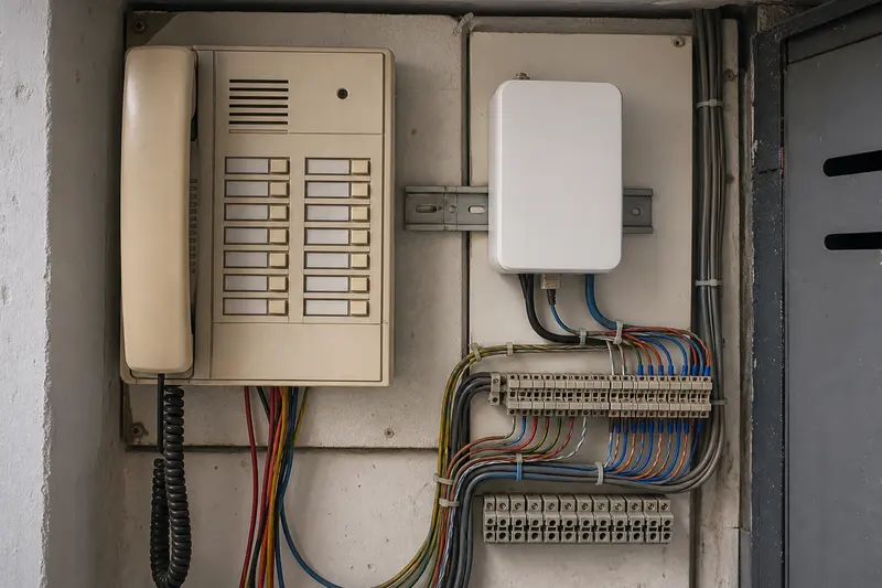 Legacy apartment intercom distribution is bridged to a compact local gateway.