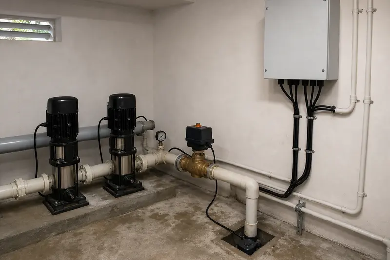 Custom pump-room controls coordinate twin boosters and a motorized shutoff valve.