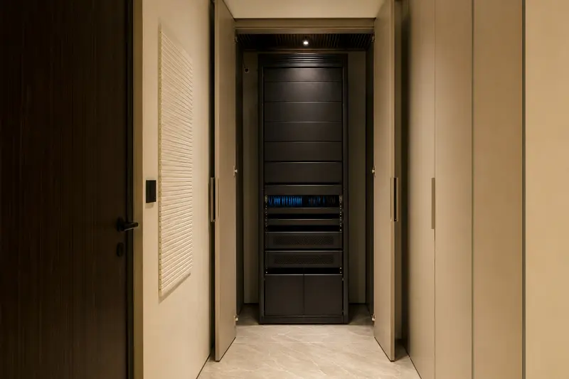 Concealed residential integration rack uses blank ventilated panels and managed cabling.